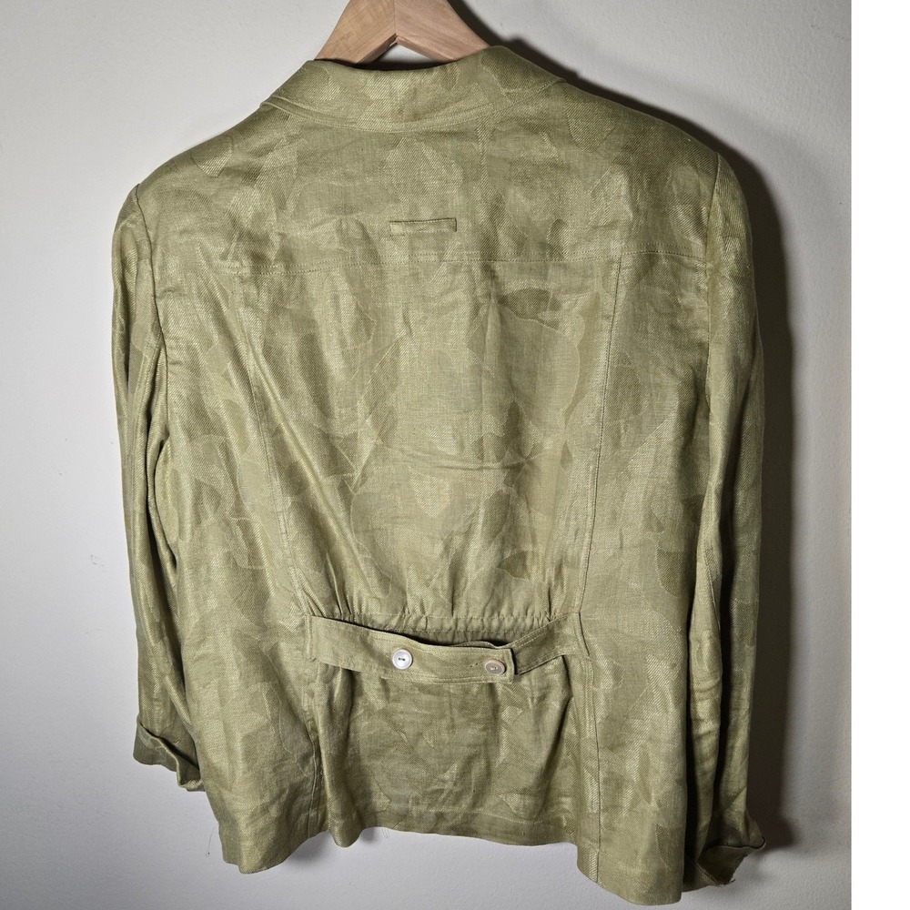 Anne Klein Blazer Women 16 Green Excellent 100% Linen Leaf Jacquard Button Front - Picture 2 of 7